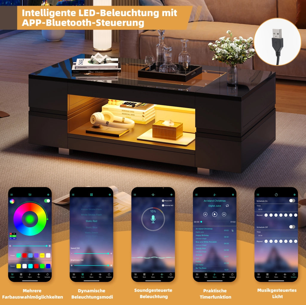 Tavolino da salotto nero con luci LED e doppio piano