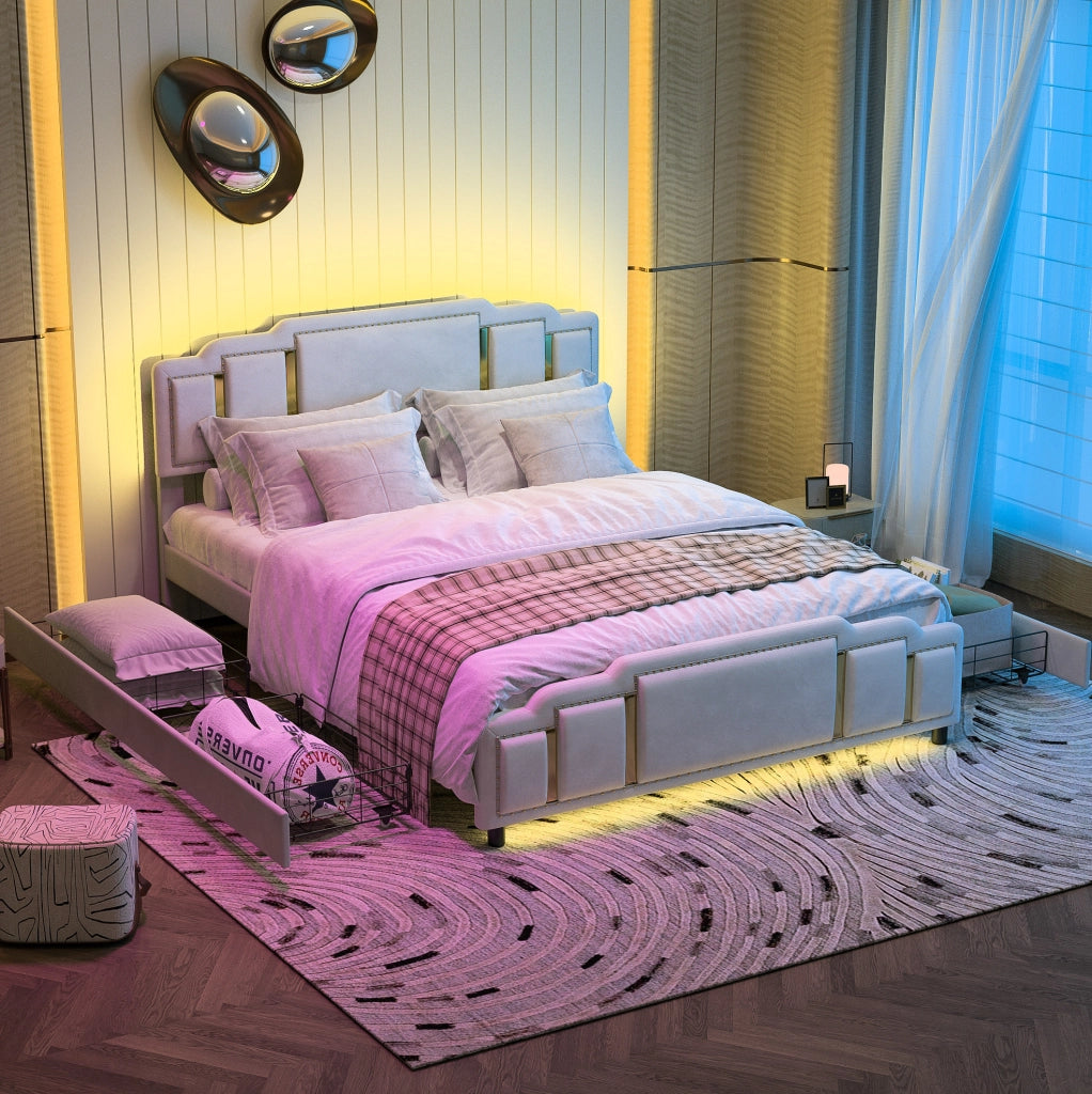 Letto imbottito 140x200 beige con LED e 4 cassetti