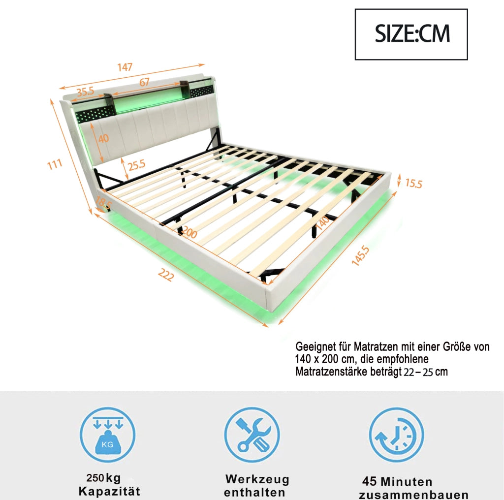 Letto imbottito 140x200 cm con LED, USB e testiera contenitore in tessuto di lino beige