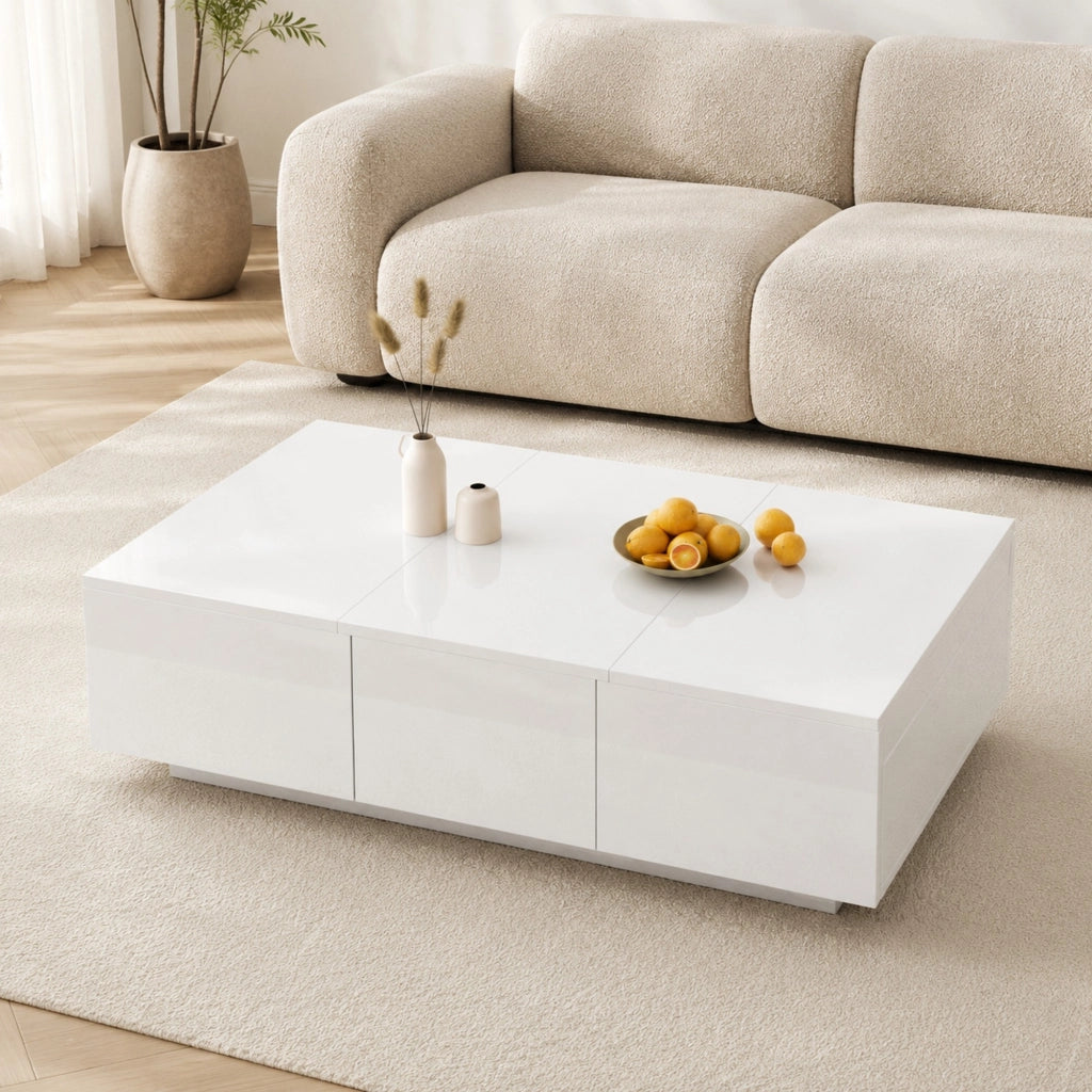 TAVOLINO da caffè 100x50x31 cm bianco lucido con cassetti e vani contenitore