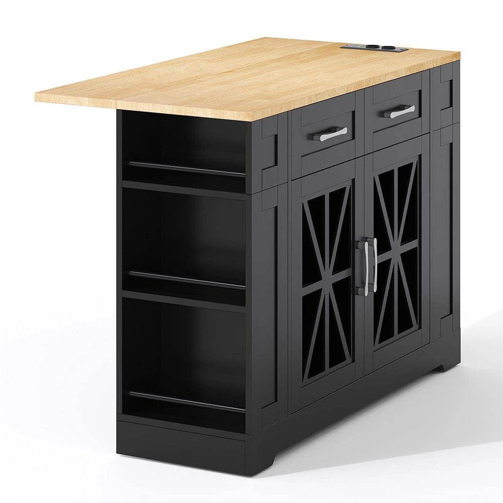 Isola da cucina portatile - Xylo - 120 cm - Ripiano aperto, prese, vetro, laminato regolabile, ruote con freni