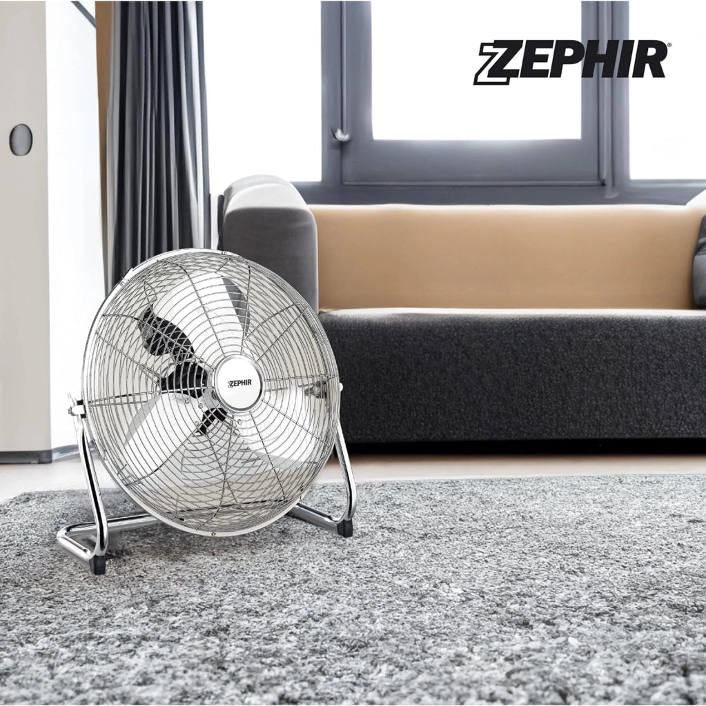 ventilatore industriale da pavimento Zephir PF45CR con pale da 45 cm, 3 velocità, inclinazione regolabile e struttura in metallo cromato. Potente, silenzioso e ideale per grandi ambienti.