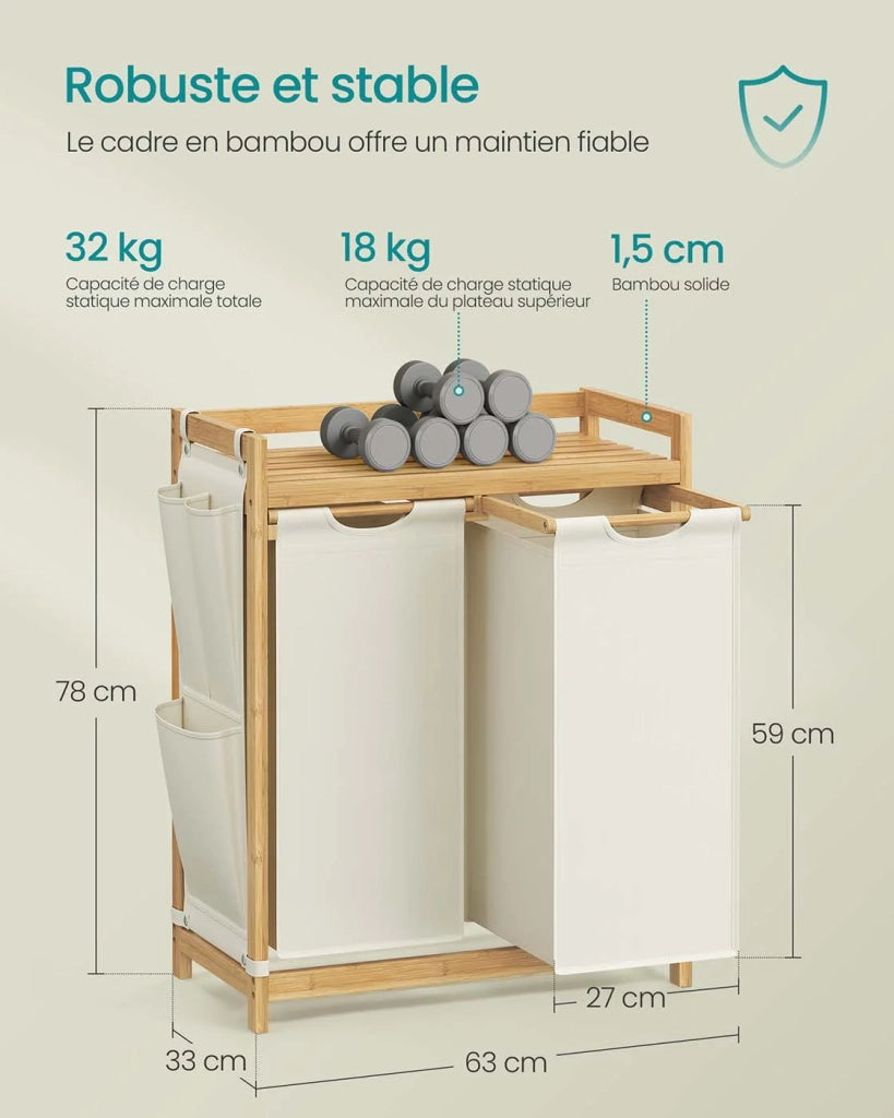 Cesto portabiancheria con 3 scomparti cesto portabiancheria in bambù capacità 150 litri con ripiano e tasche laterali (3 x 50 litri) 94 x 33 x 78 cm beige 12_0006669