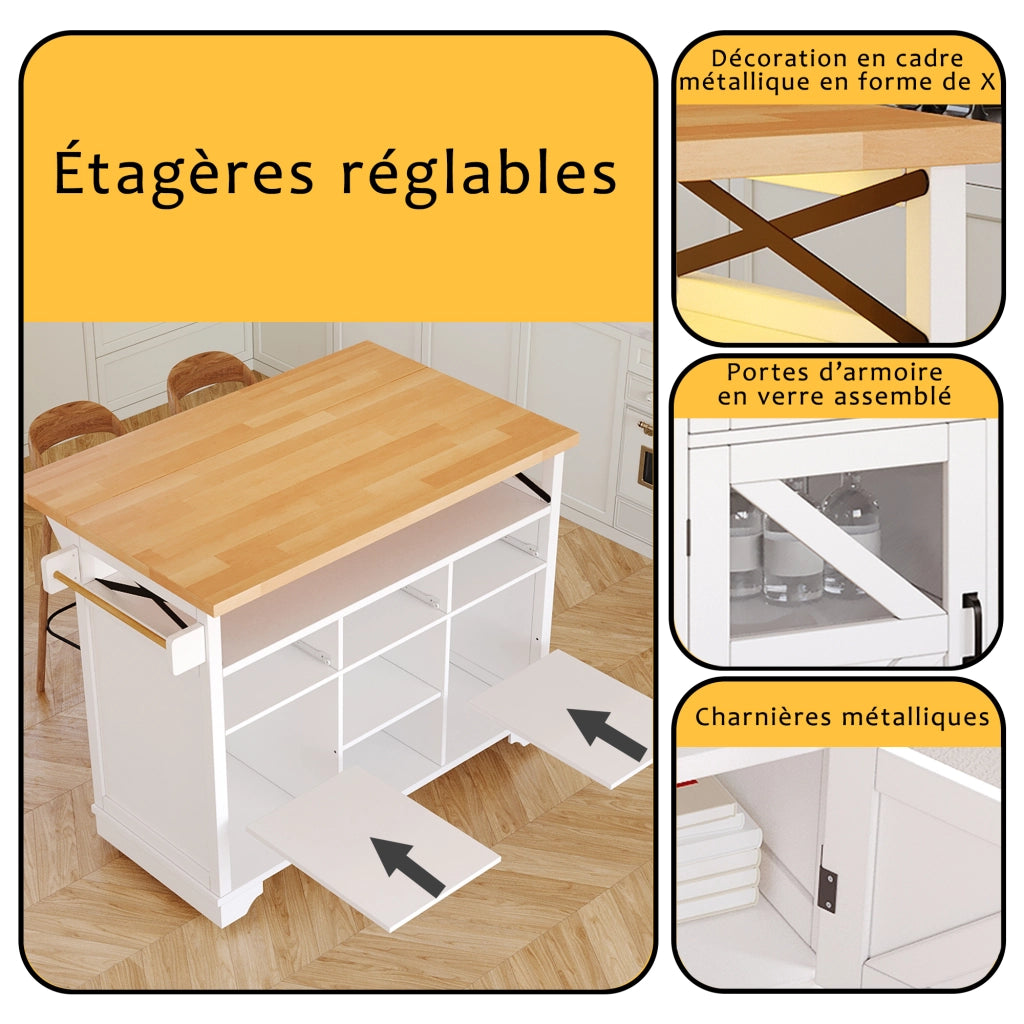 OKWISH Carrello da Cucina con 3 Cassetti e 2 Ante, Piano Pieghevole, Ripiani Regolabili e Ruote, Bianco