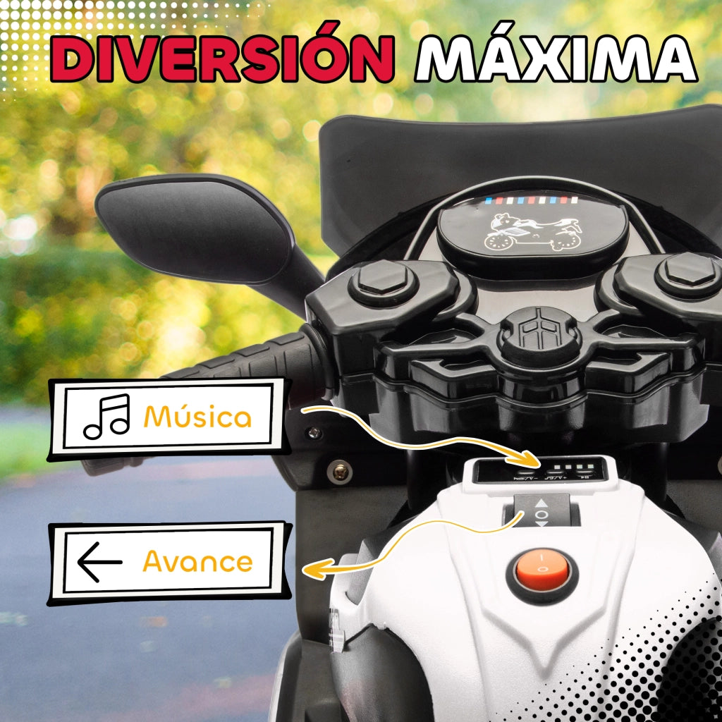 Moto Elettrica per Bambini 6V ¨C Xylo ¨C Bianco con Ruote di Supporto e Musica