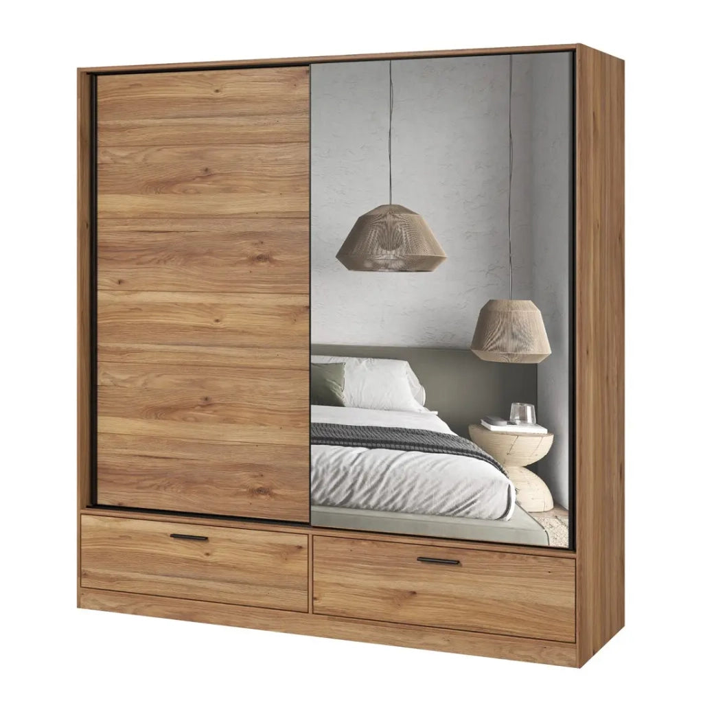 Armadio EOS a 2 porte scorrevoli con specchio in rovere chiaro 180 cm