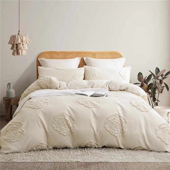 Set di coperte da letto 155 x 220 cm con bordo ricamato a mano in tessuto beige set da letto vintage con fiorellini boho stile shabby chic tessuto microfibra 1 coperta da letto con chiusura a zip 1 cuscino con copertura