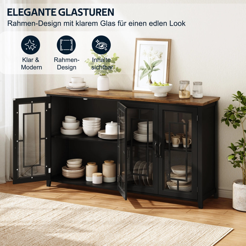 Credenza da cucina 160 cm con ante in vetro; piano effetto legno; nero