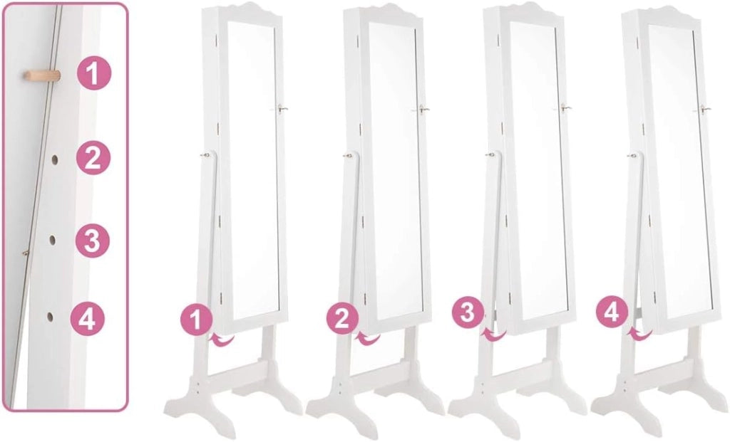 Armadietto per Gioie, Portagioie Verticale, Armadietto con 14 Luci a LED, Specchio Regolabile in Altezza, Armadietto con Specchio, Supporto Triangolare, Legno (bianco)
