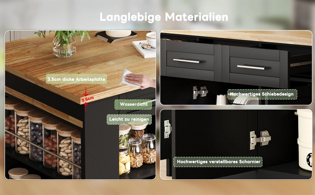 Isola da cucina moderna con tavolo estraibile, 150x90x90 cm, finitura naturale e nera, in MDF