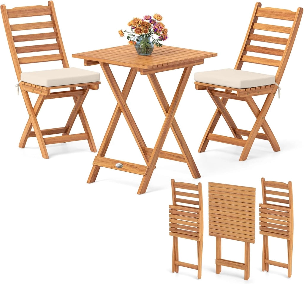 Set da bistrò da 3 pezzi, pieghevole, set da tavolo e 2 sedie in legno di acacia per giardino, set di sedute con cuscini e tavolo quadrato per terreza, balcone (listoni orizzontali)