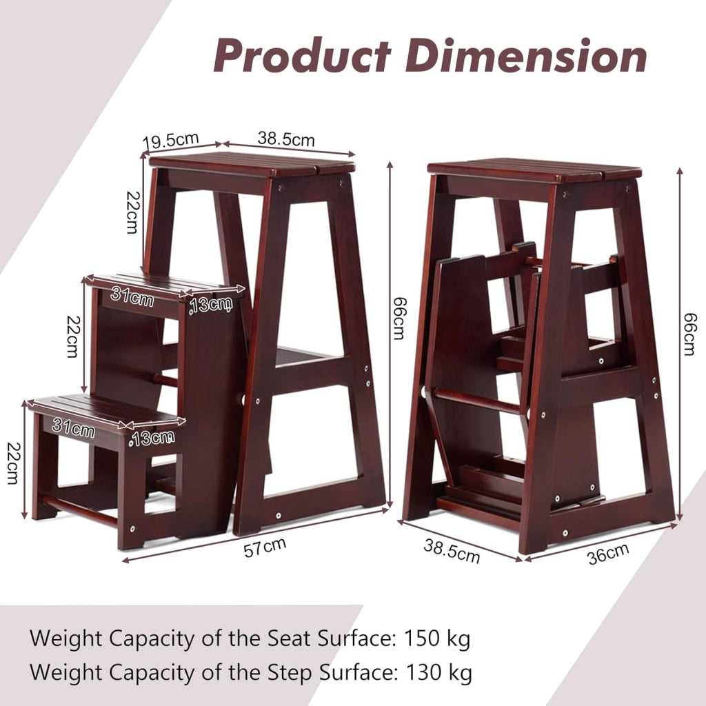 2 in 1 Scaletta e Sgabello Legno, Sgabello Scala Pieghevole, a 3 Gradini, Portata di 150 kg, Richiudibile e Salvaspazio, Ideale per Soggiorno/Studio/Ufficio, 38,5x57x66 cm, 2 Colori
