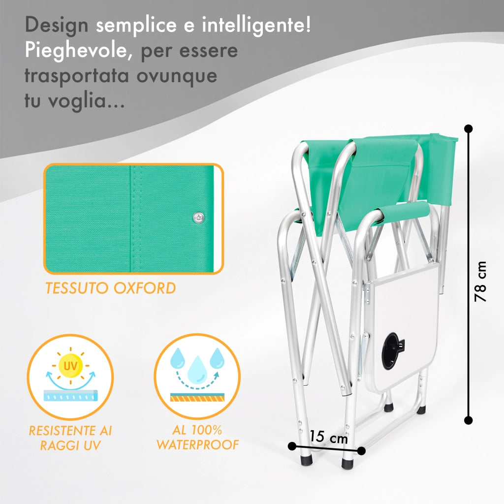 Sedia Sgabello Regista Poltrona Pieghevole In Alluminio Lavabile Leggera Lavabile Con Tavolino Porta Bibite Incluso Campeggio Mare Spiaggia Petrolio