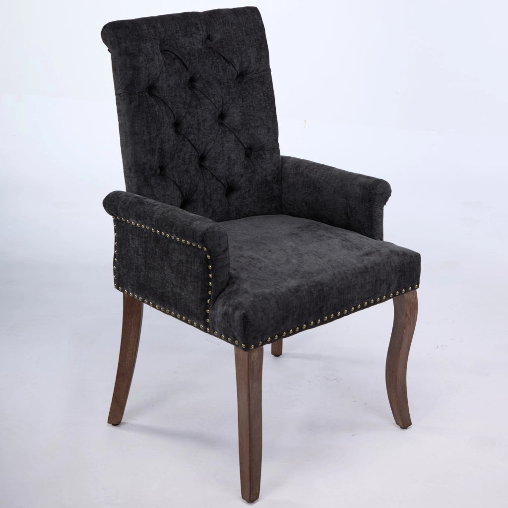 Sedia da Pranzo Imbottita in Ciniglia con Braccioli ¨C MINIMAL ¨C Gambe in Legno Massello, Grigio Scuro
