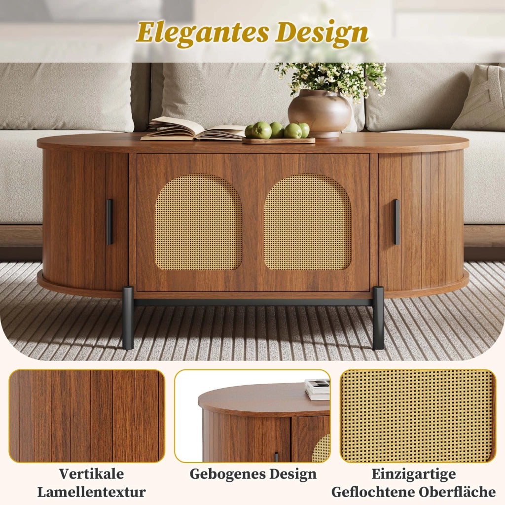 Tavolino basso ovale con ante scorrevoli in rattan e vani contenitore, per soggiorno, in MDF, noce, 100 × 50 × 40 cm