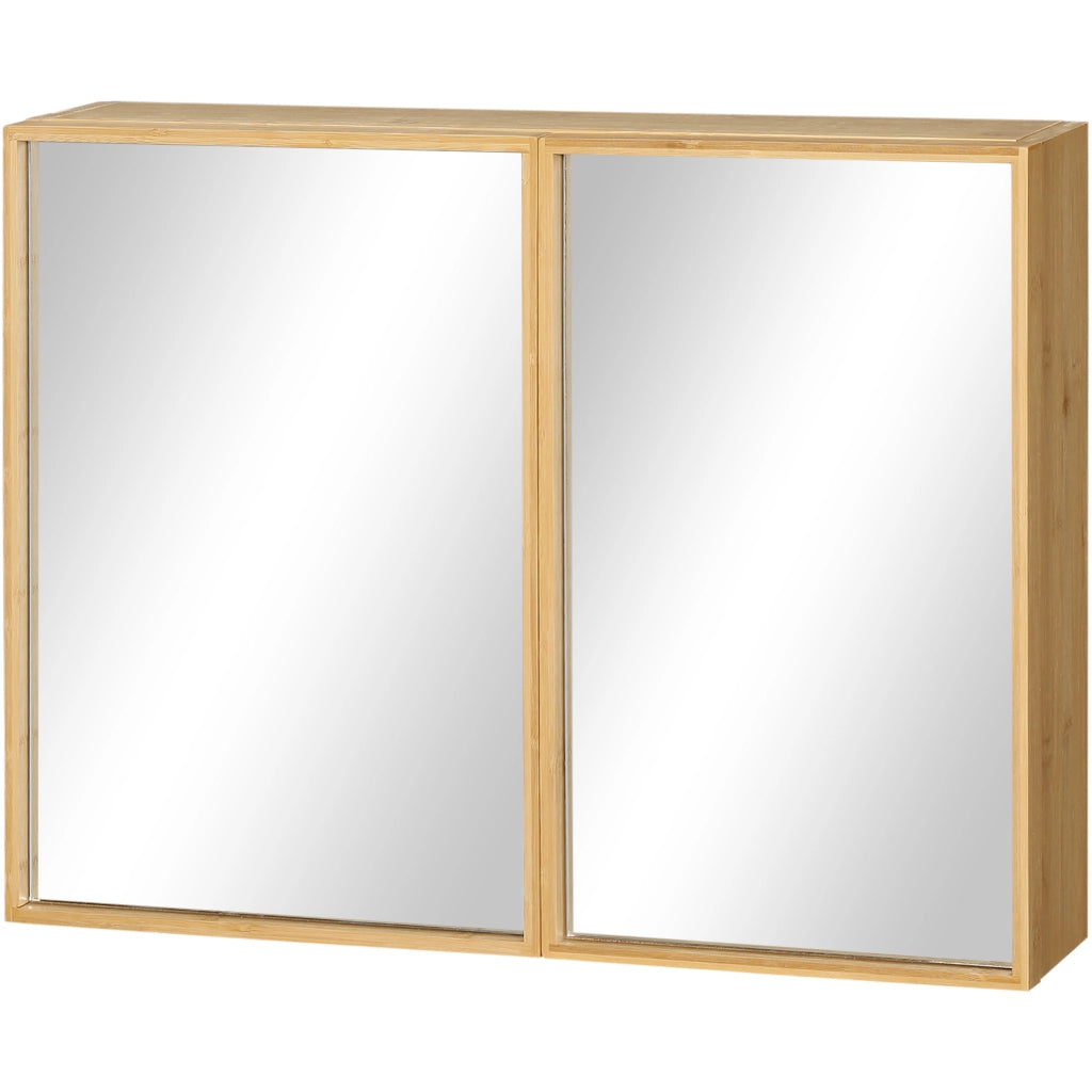 Armadio Specchio da Bagno in Bambù Naturale con Doppia Anta e 3 Ripiani 65x14x50 cm