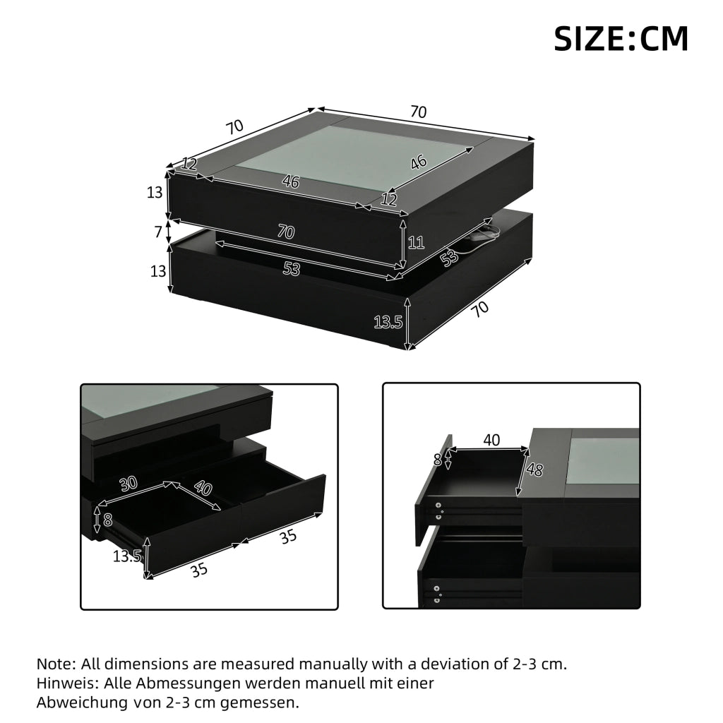 Tavolino da caffè 70x70x35 cm con LED e 3 cassetti; vetro temperato; nero