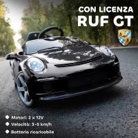 Macchina per Bambini 3-5 Anni con Licenza Ufficiale RUF GT, Telecomando, Cintura di Sicurezza e Musica, Nero