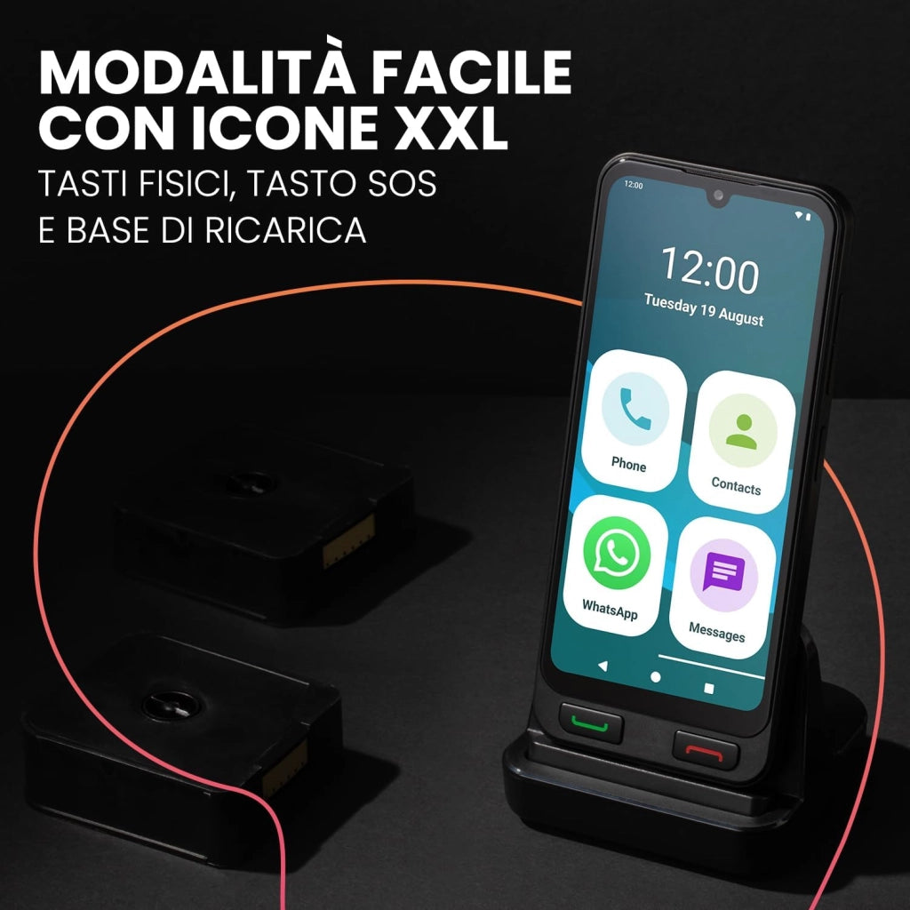 Zeus 2 Pro - Smartphone per anziani compatibile con app gestione e localizzazione remota | Modalità facile, pulsanti fisici, icone grandi | 6,1", Dual Cam, 128GB | Base di ricarica, pulsante SOS