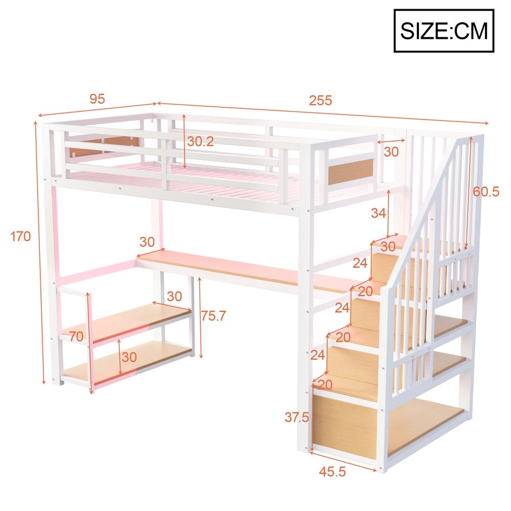 Letto a castello in metallo - Zephmum - 90x200 - Bianco - LED, prese, scala, scaffali, scrivania, design sicuro