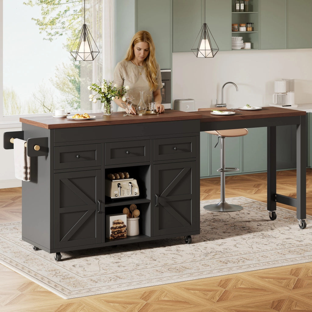 Tavolo da Pranzo Allungabile con Isola Cucina e Cassetti ¨C MINIMAL ¨C Nero 131,5-210 cm