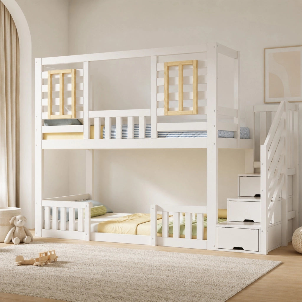 Letto a castello 90x200 cm in stile casetta con scaletta contenitore; bianco