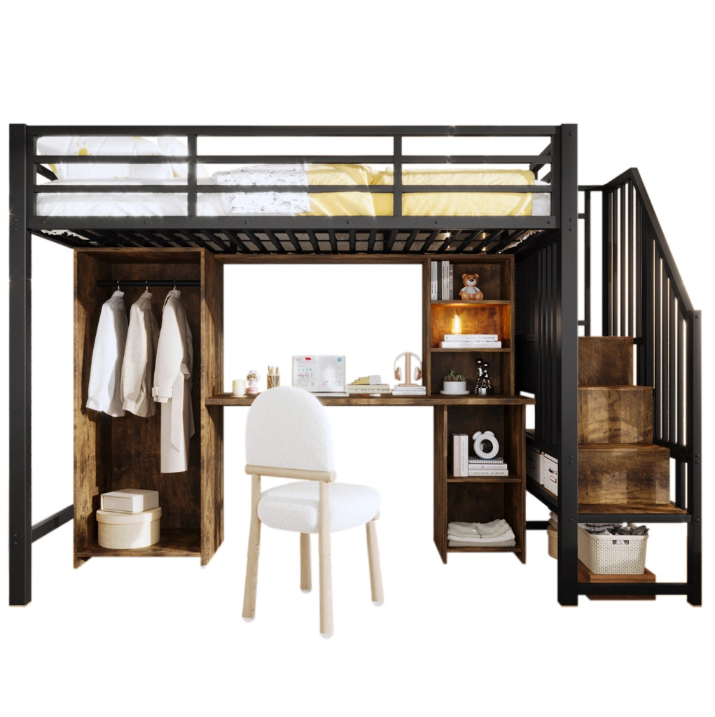 Letto a soppalco 90x200 cm con armadio; scrivania e gradini contenitore in metallo e MDF nero