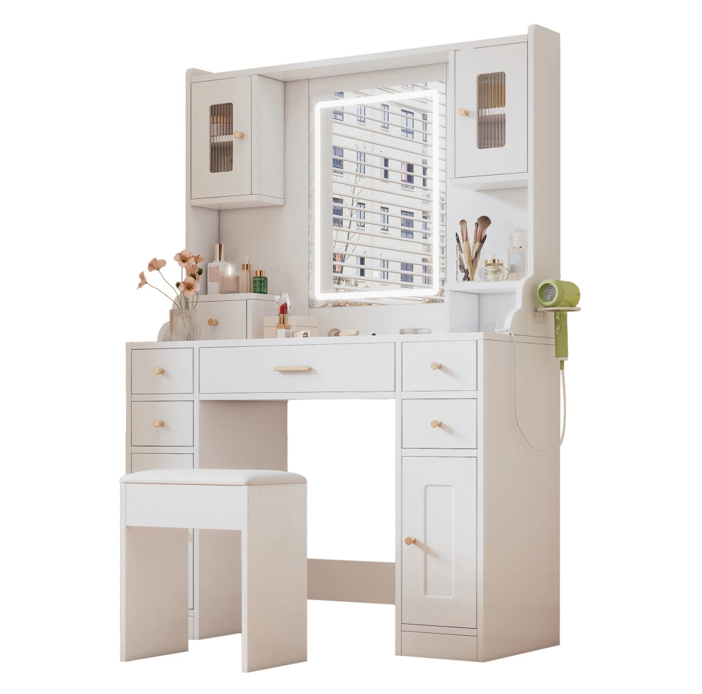 Toeletta con specchio HD; illuminazione LED regolabile; 6 cassetti e 4 ante; bianca 105x40x152 cm