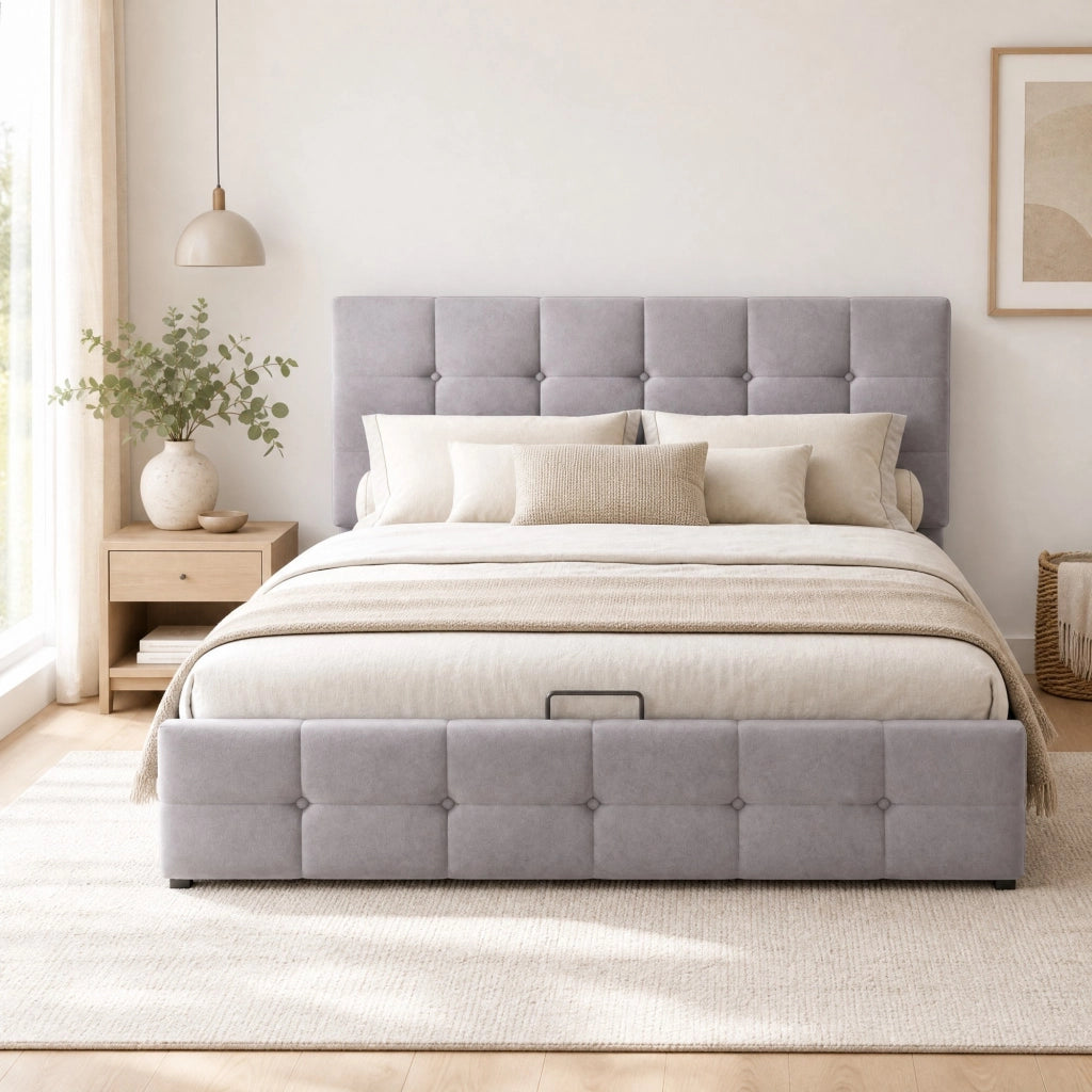 Letto imbottito 140x200 con contenitore idraulico e testiera regolabile