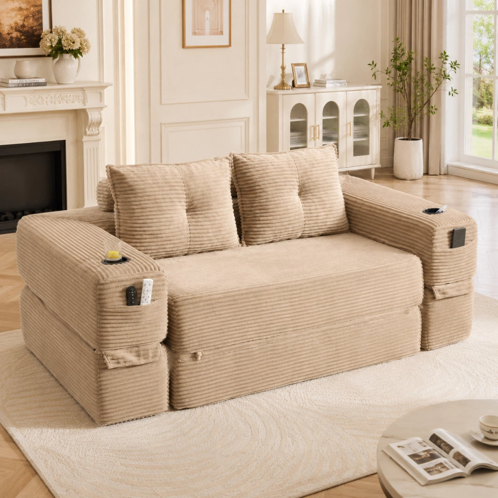 Divano letto modulare in tessuto corduroy con cuscini memory, tasche laterali e portabicchieri, khaki