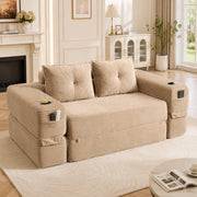 Divano letto modulare in tessuto corduroy con cuscini memory, tasche laterali e portabicchieri, khaki