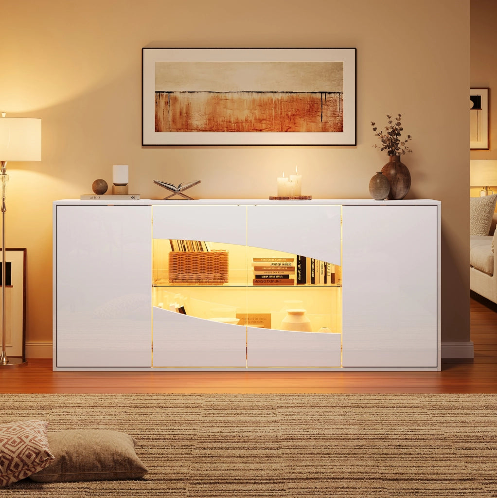 Credenza con vetrina LED RGB 160x35x70 cm in MDF bianco lucido con 4 ante e ripiani regolabili
