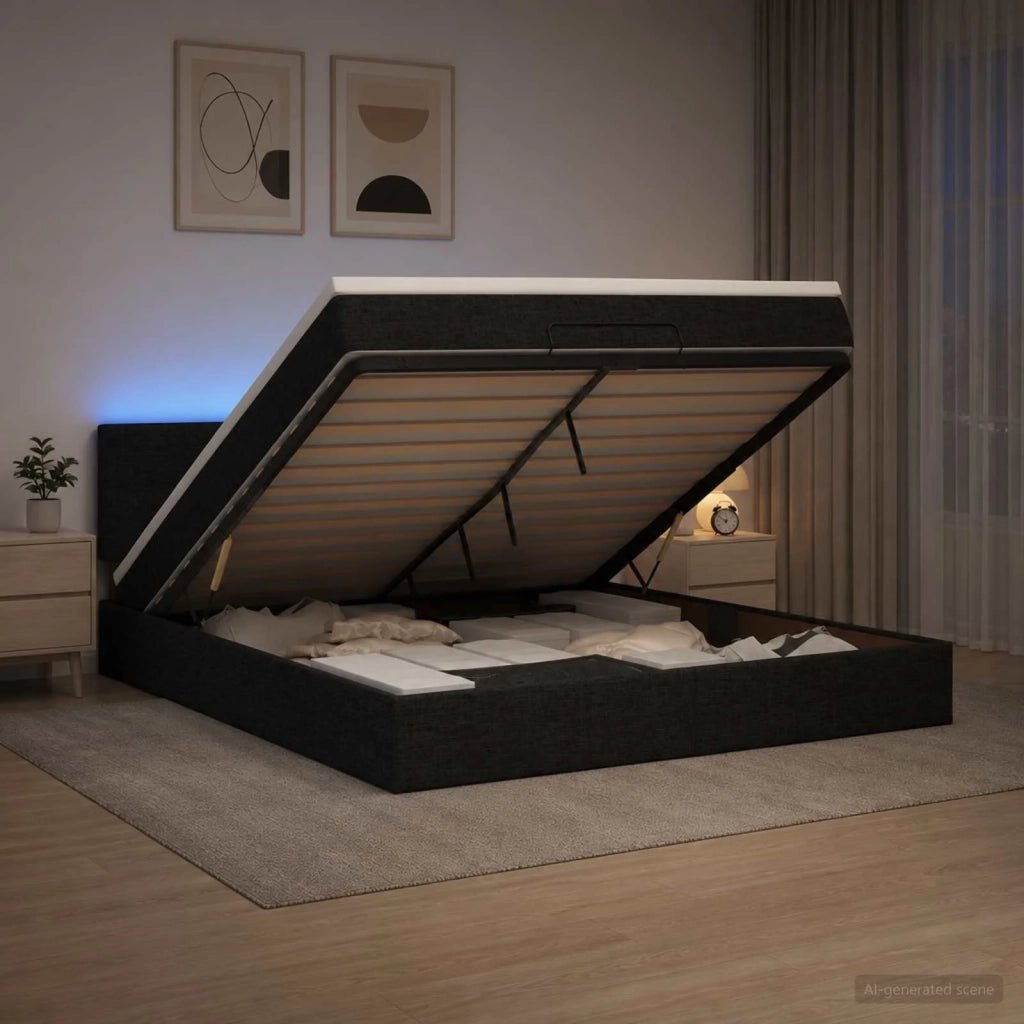 Letto Ottomano con Materasso e LED Nero 180 x 200 cm Tessuto 3456928