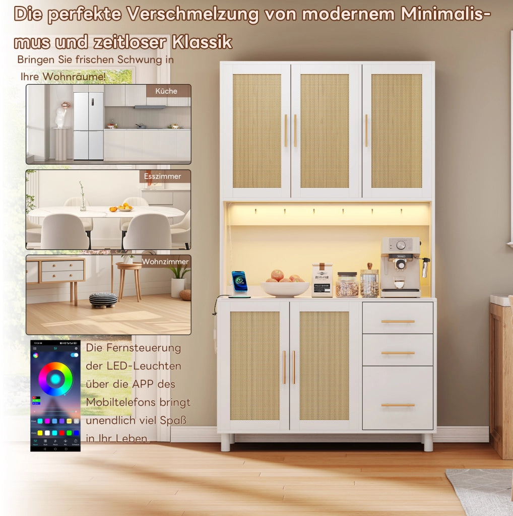 Credenza cucina LED in MDF 100x40x183 cm bianco con 3 cassetti; prese e USB