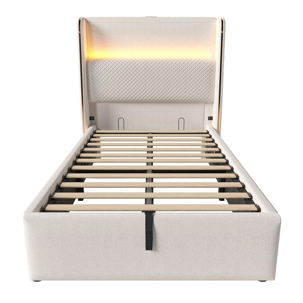 Letto Singolo Moderno 90x200cm - Xylo - Testiera Alta Idraulica LED e USB, Tessuto Lino Beige