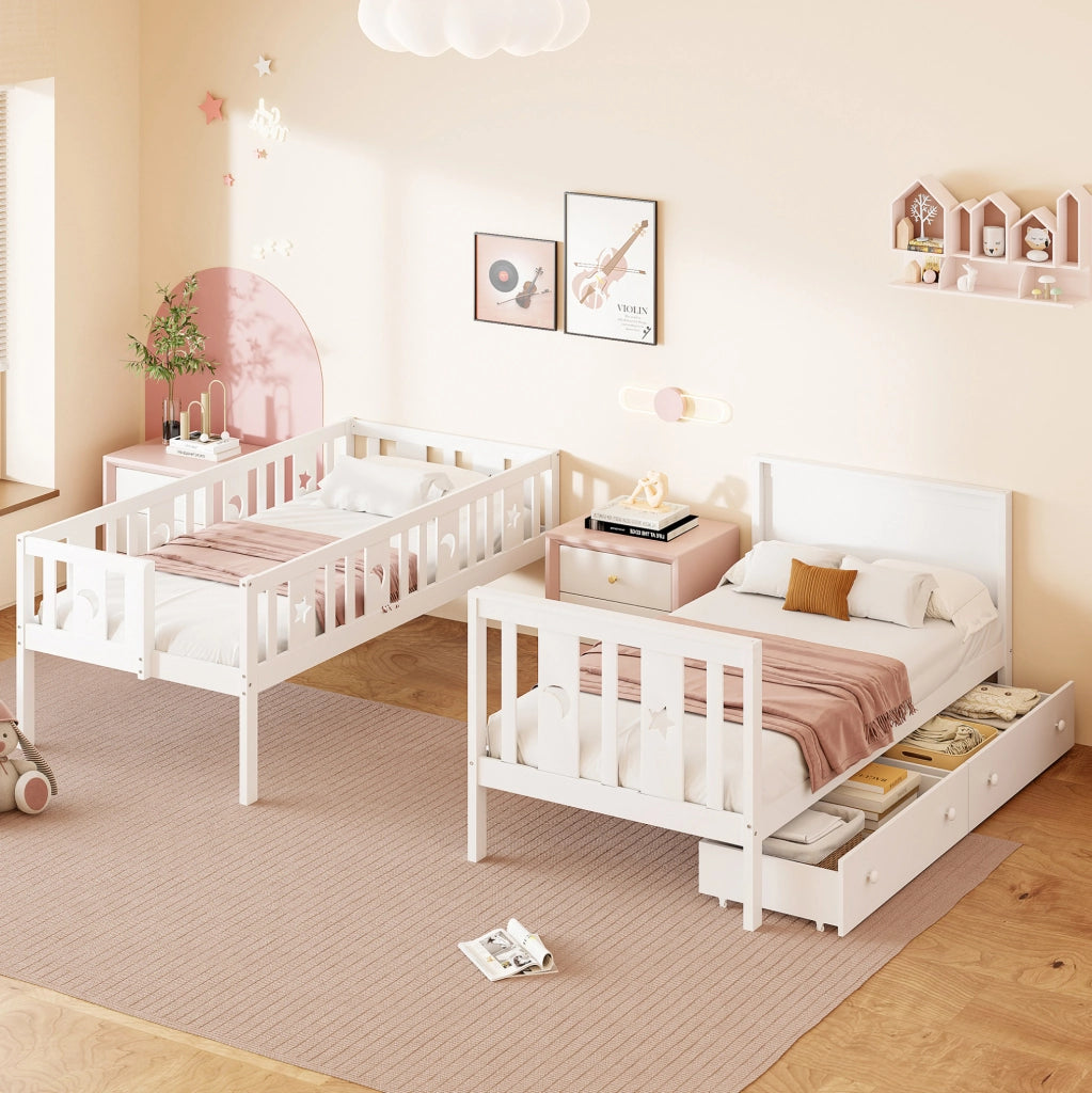 Letto a castello 90x200 cm in legno con scala contenitore e 2 cassetti