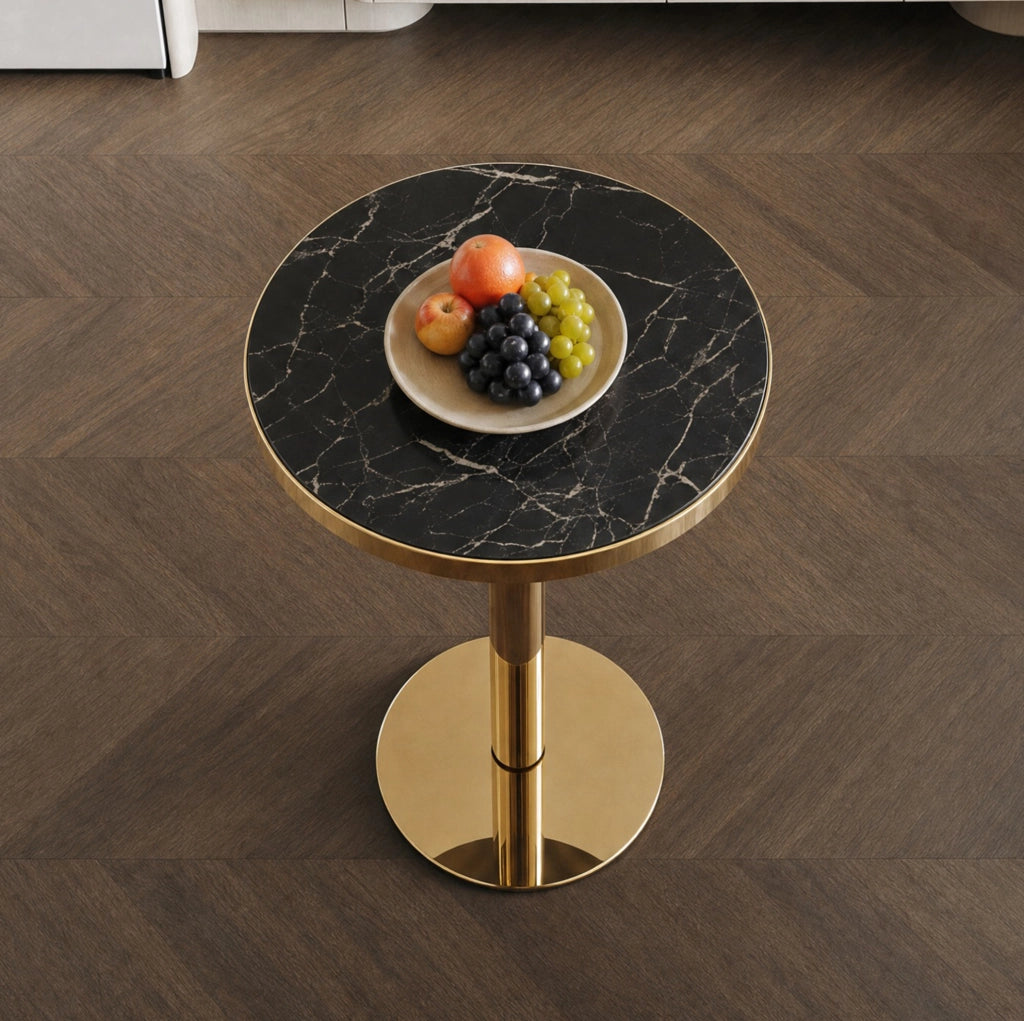 Tavolino rotondo nero e oro in MDF con base cilindrica stabile