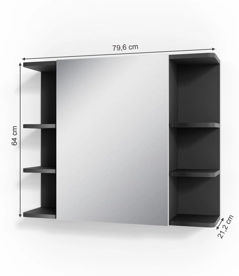 Specchio contenitore bagno Fynn, Antracite, 79.6 x 64 cm, con specchio e ripiani aperti per montaggio a parete