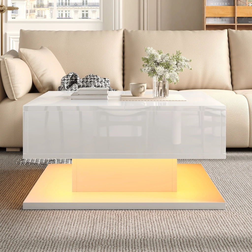 Tavolino da caffè multifunzione 72x72 cm con piano elevabile; LED e cassetti bianco