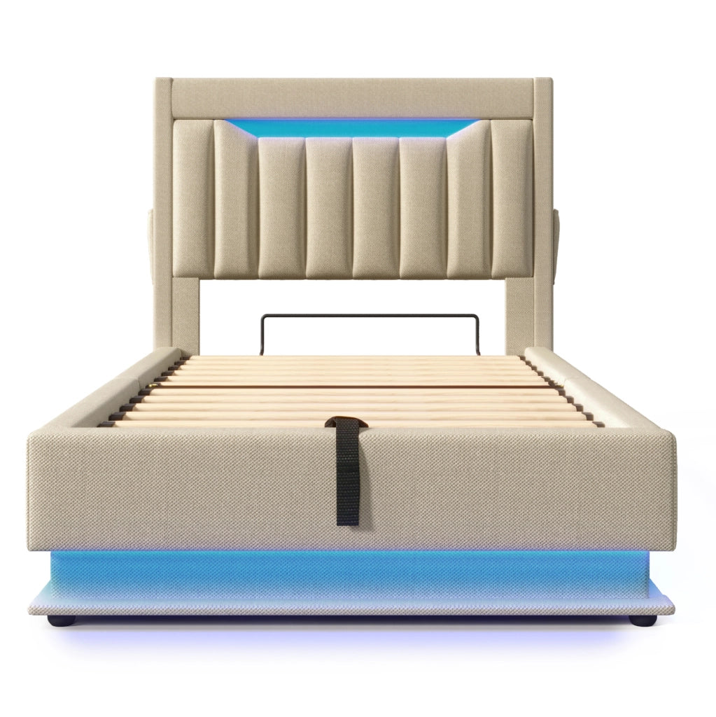 Letto singolo imbottito ULEVR 90x200 cm con contenitore idraulico, LED, USB e Type-C, lino beige