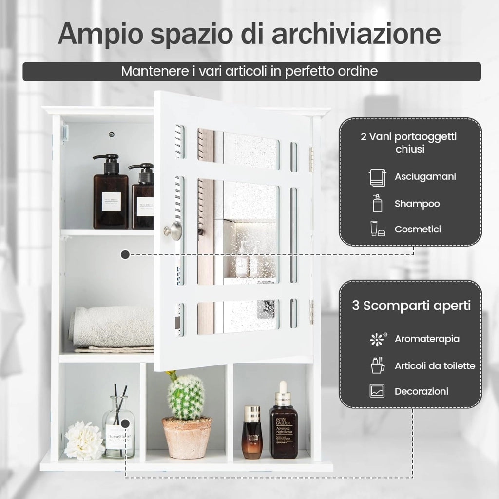 Mobiletto Bagno con Specchio in Legno, Armadio Farmacia da Muro, Armadietto da Parete per Bagno, 50 x 16 x 61 cm (Bianco)