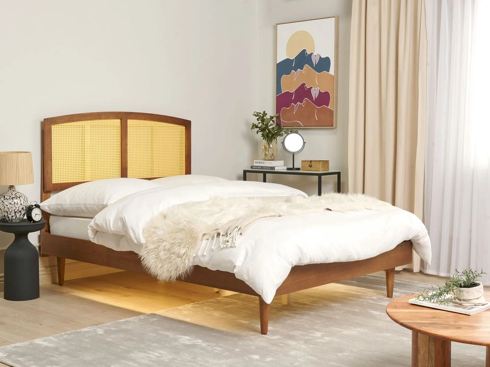 Letto in legno di gomma chiaro UE matrimoniale con LED 140 x200 cm con testiera a doghe Stile rustico minimalista