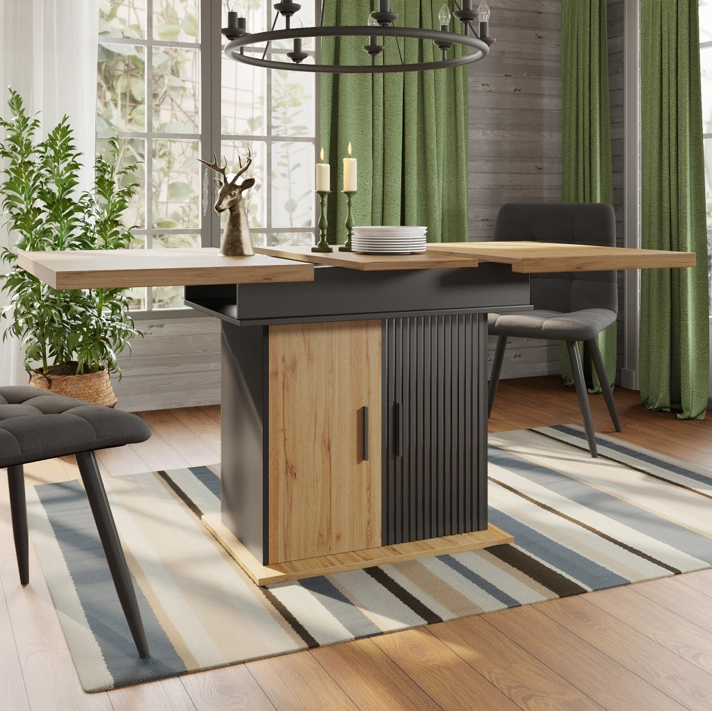 Tavolo allungabile 110-140x80x75 cm con contenitore; MDF nero e naturale