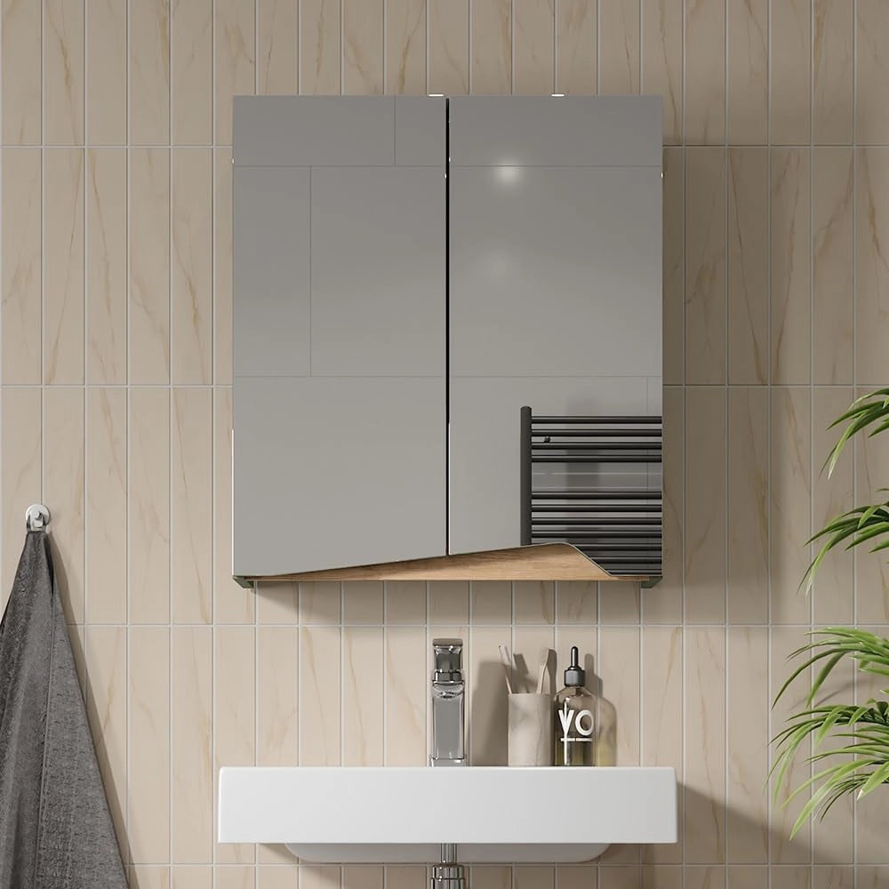 Specchio contenitore bagno Marelle, Verde/Artigianale, 60 x 67 cm con ripiano regolabile in altezza, adatto al montaggio a parete e combinabile con i mobili Marelle