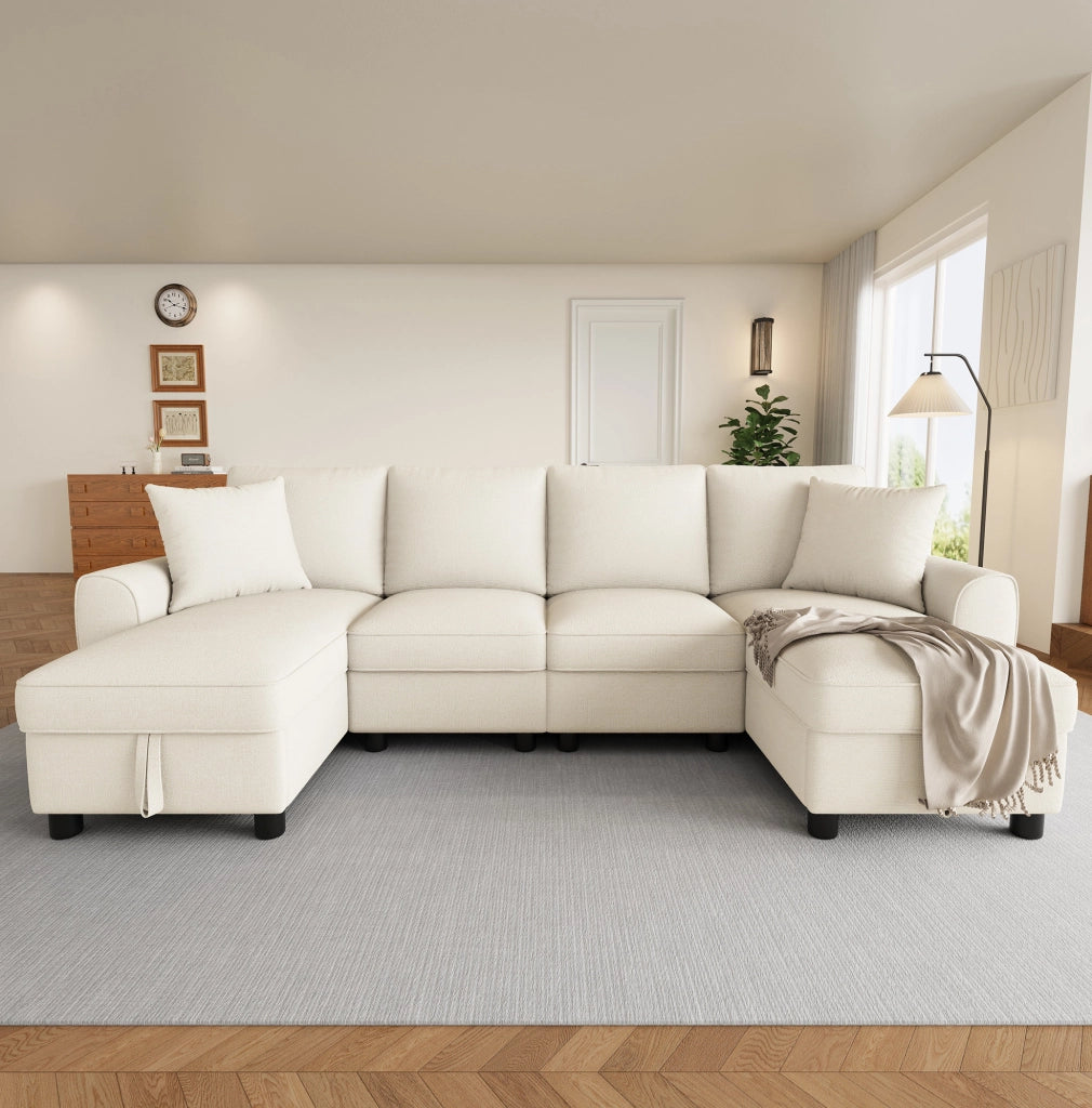 Divano angolare a U in ciniglia beige con vani contenitore, 280 × 137 × 84 cm