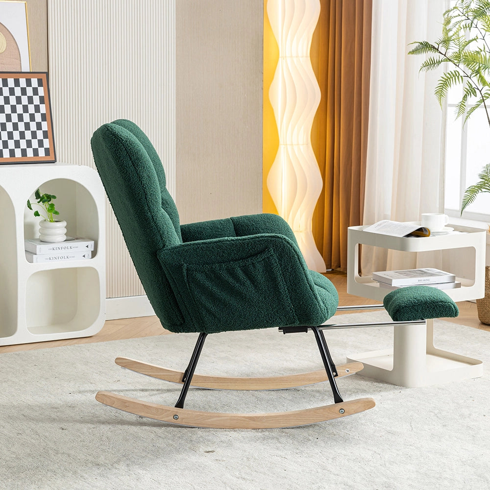 Sedia a dondolo moderna con imbottitura e tessuto peluche - Xylo - Verde con poggiapiedi estensibile