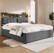 Letto imbottito 160x200 cm con contenitore, prese USB e USB-C in lino grigio