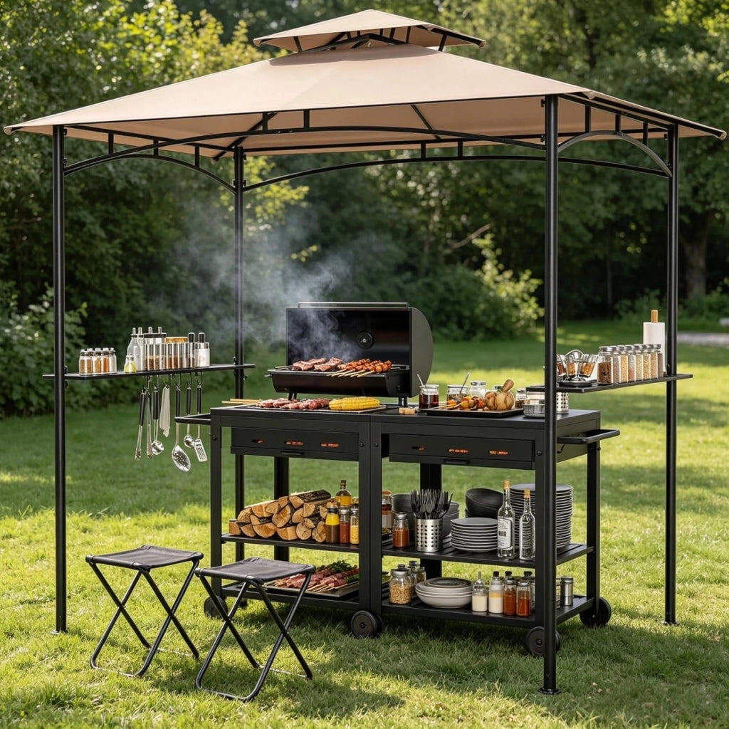 Barbera a doppio tetto, gazebo da giardino esterno per griglia con 2 ripiani e 7 ganci, gazebo da barbecue, per campeggio, picnic, feste, barbecue, barbecue, 240 x 151 x 255 cm (caffè)