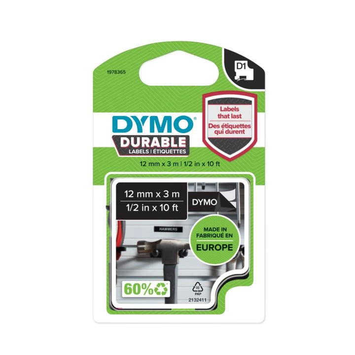 DYMO D1 etichette durevoli originali / 12 mm x 3 mm / stampa bianca su nero / etichette autoadesive che durano sulle superfici impegnative / per etichettatrice LabelManager / 1 Pezzo