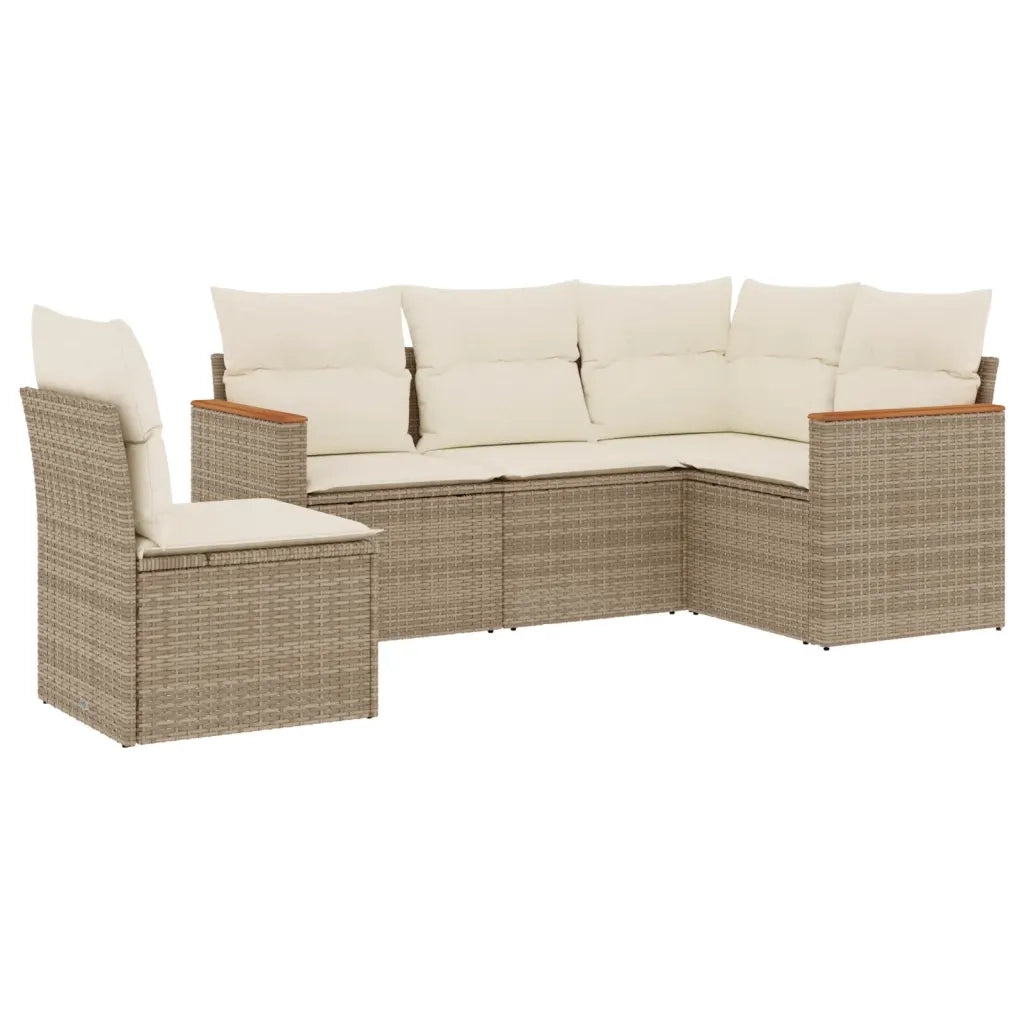 Set Divano da Giardino 5 pz con Cuscini Beige in Polyrattan